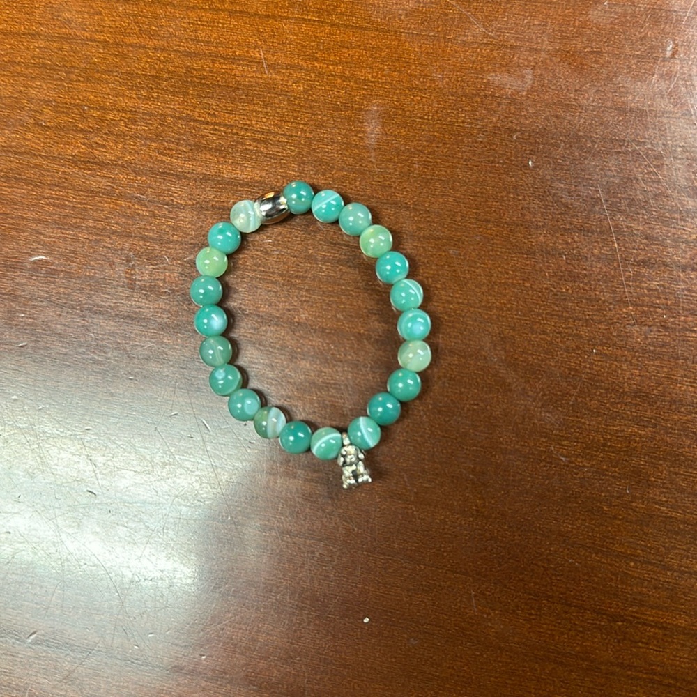 Childrens bracelet.Light jade color glass beads. 3D dog charm